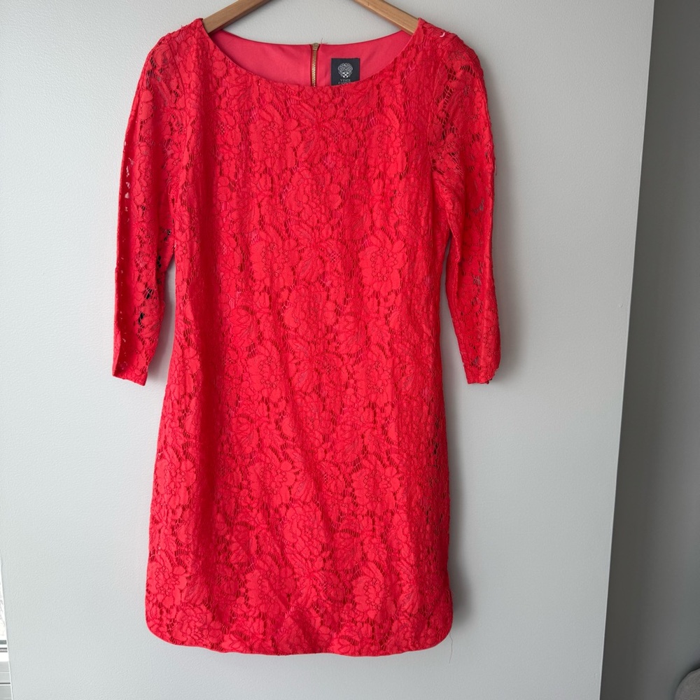 Vince Camuto Bright Coral Lace 3/4 Sleeves Mini Dress Size 6